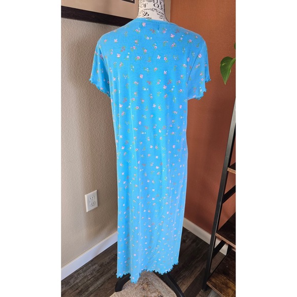 Vintage 90s Moon Dance Blue Floral Butterfly Henley Nightgown Maxi Dress M Soft - Picture 8 of 13